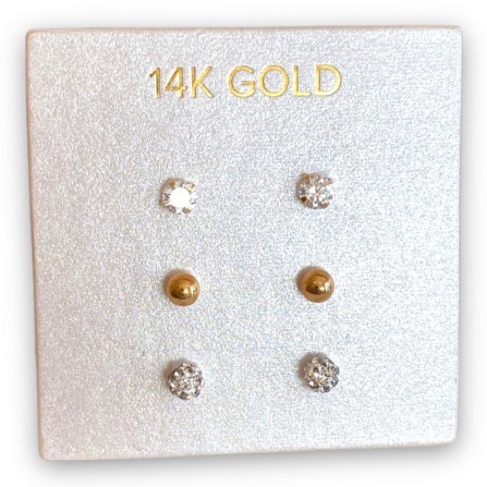 14K Gold Round Stud Earrings Set of 3 Styles 100% Authenic Real Gold